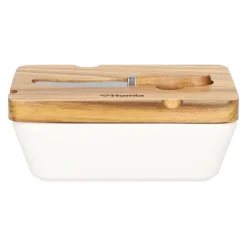 Outlet Maselniczka Mooka Porcelanowa Z Nozykiem I Akacjowa Pokrywka Biala 11X16 Cm Naczynia Ogródowe I Piknikowe