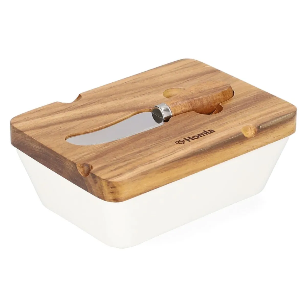 Outlet Maselniczka Mooka Porcelanowa Z Nozykiem I Akacjowa Pokrywka Biala 11X16 Cm Naczynia Ogródowe I Piknikowe
