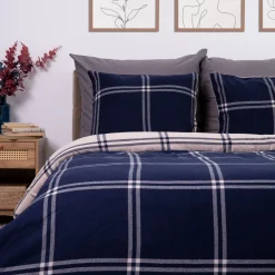 New Pościel Vella Flanelowa Niebiesko-Bezowa W Krate 200X220 Cm + 2 X 50X60 Cm Pościel Bawelniana