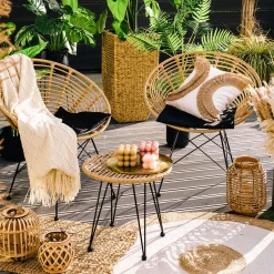 Best Zestaw Mebli Leuca Boho Plecione Naturalne Z Dwiema Poduszkami 3 Szt. Krzesła Ogródowe